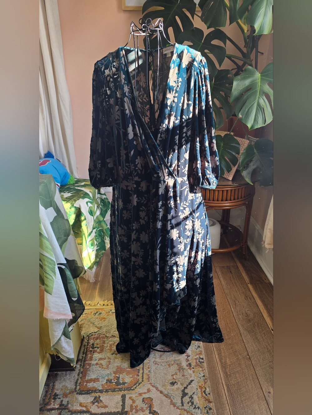 Calvin Klein Emerald Green Velvet  Faux Wrap Maxi Dress